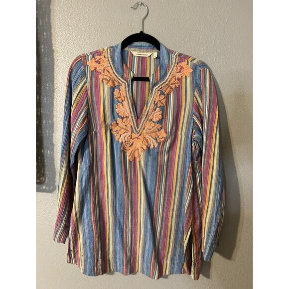 Soft Surroundings Top XS Striped Embroidered Beaded Cotton Tunic Long Sleeve - Picture 3 of 9